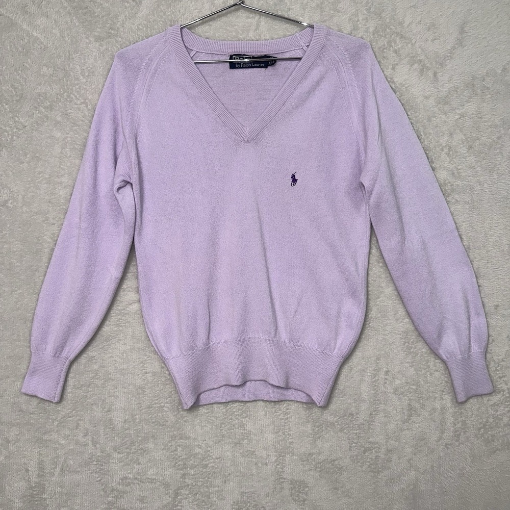 Vtg Polo Ralph Lauren V-Neck Sweater Lavender Soft Preppy Women's Size Medium